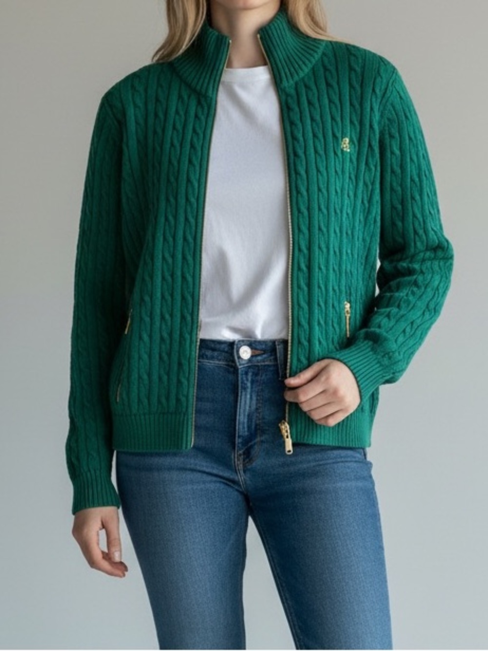 Ralph Lauren Green Cable-Knit Full Zip Sweater with Gold Hardware
